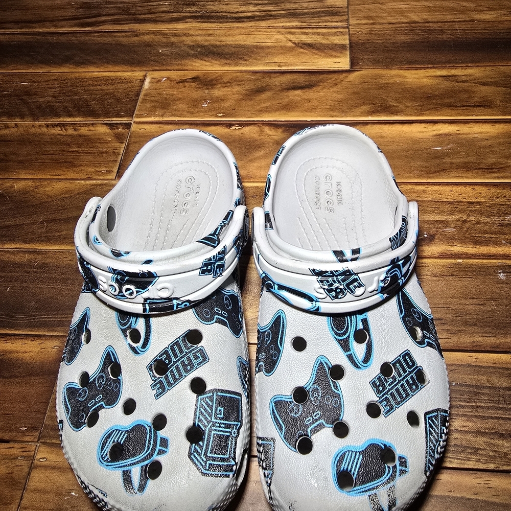 Authentic Crocs Classic Clogs in kids size C12, featuring a fun gamer-themed pri